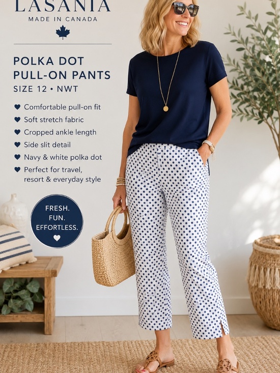 Lasania Pants - Lasania Polka Dot Pull-On Capri Pants Size 12 NWT Made in Canada Navy White